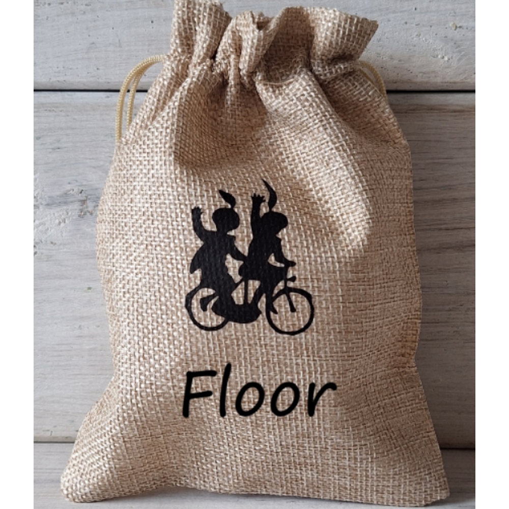 Jute zakje piet op de fiets met naam