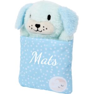 Knuffel in slaapzak met naam blauw